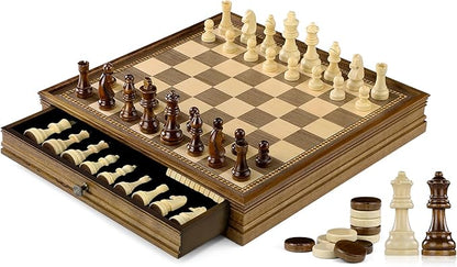 Peradix Magnetic Chess Checkers Board Sets with 2 Built-in Storage Drawers12.8 Classic 2 in 1 Wooden Games with 2 Extra Queens for Kids and AdultsTravel Portable Chess Game Set