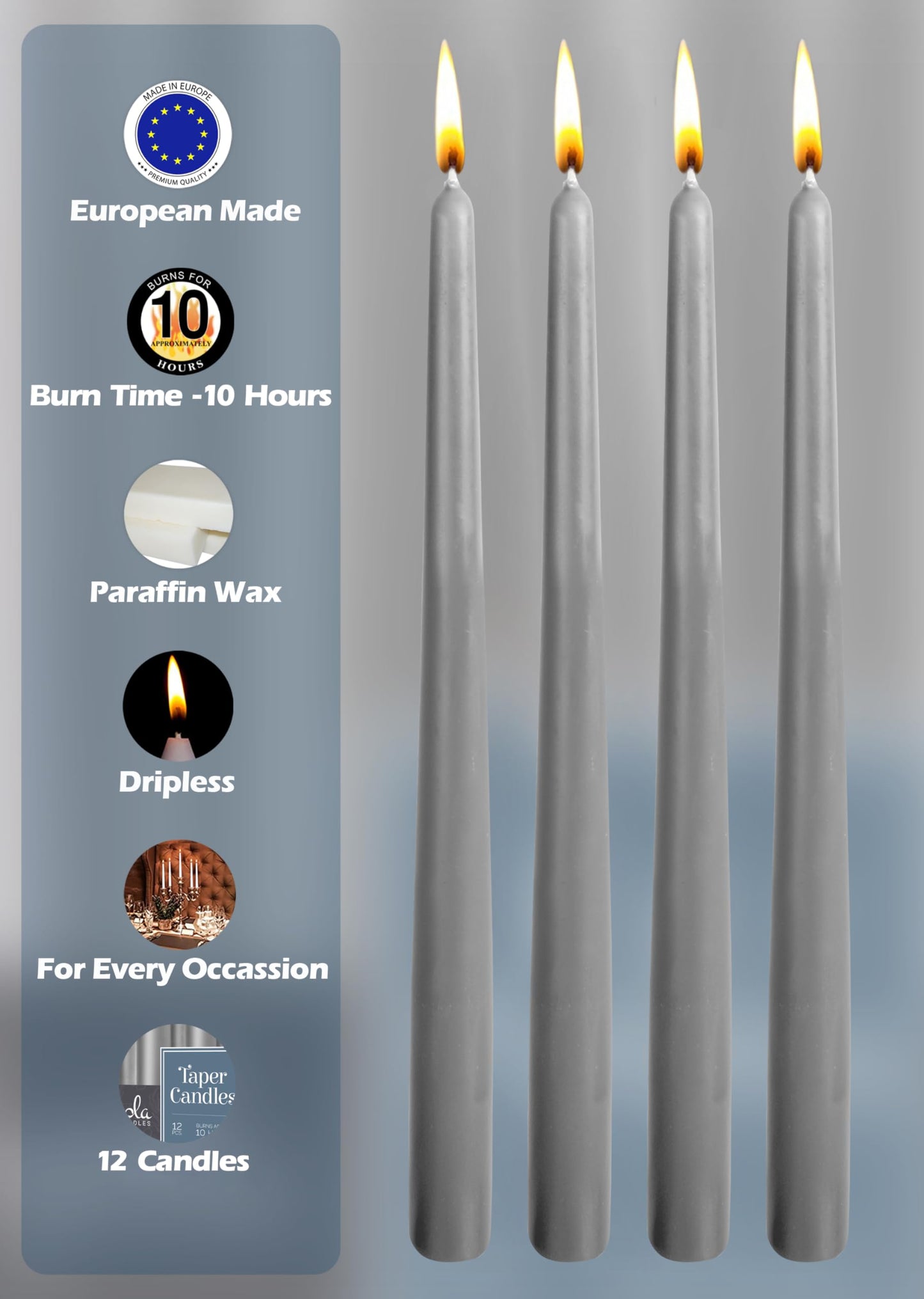 Hyoola Tall Taper Candles - 12 Inch Dark Grey Dripless, Unscented Dinner Candle - Paraffin Wax with Cotton Wicks - 10 Hour Burn Time (Pack of 12)