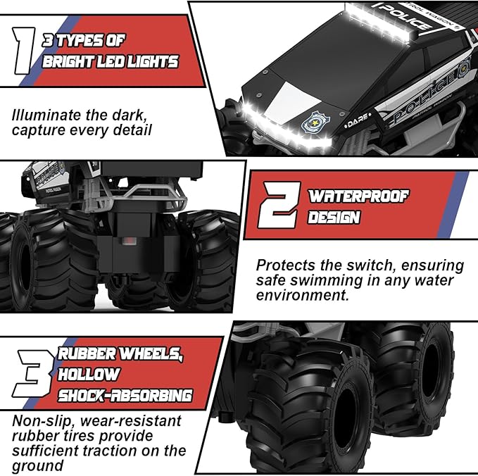 Police Remote Control Car 1:18 Cyber Truck Remote Control Car 2.4 GHz Waterproof Amphibious RC Cars 4WD All Terrain Off-Road Pickup 360° Rotatable Monster Truck Toys for Boys RC Cars Ages 6+