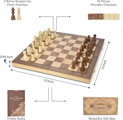 AMEROUS 15'' Magnetic Wooden Chess &amp Checkers Game Set -2 Extra Queens -24 Cherkers Pieces - Chessmen Storage Slots Beginner Chess Set for Kids and Adults Classic 2 in 1 Board Games
