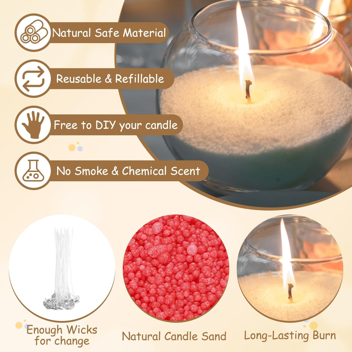 MECCANIXITY Pearled Sand Candles with 50 Pcs Wicks 21Oz / 600g Candle Beads Refillable Powder Sand Wax Making Kit for Thanksgiving Christmas Wedding Party DIY Home Crafts, Red