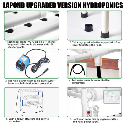 LAPOND Upgraded Hydroponics Growing System Kit 1058 Plant Sites with 7W 12V Submersible Pump and Timer