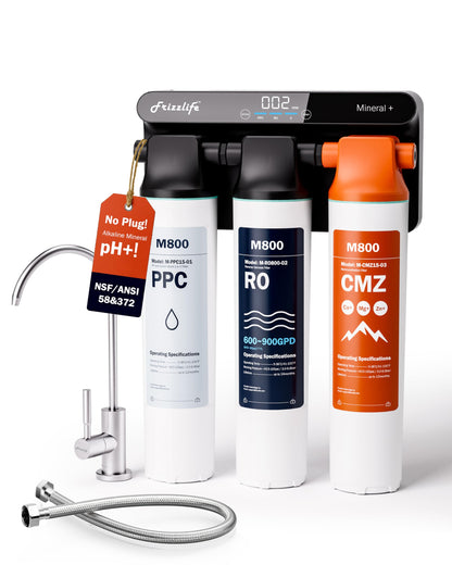 Frizzlife M800 Non-Electric Tankless Reverse Osmosis Water Filter, up to 900GPD Alkaline Mineralized RO Water Filtration System, Huge Filter with Auto Flush, NSF/ANSI 58&372, 4:1 Pure to Drain