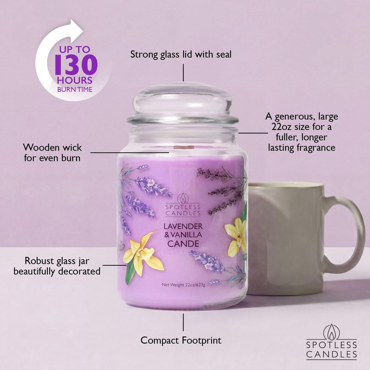Spotless Leopard Vanilla & Lavender Candle 22oz Glass Jar with Wooden Wick in a Decorated Jar Within a Presentation Gift Box and Protective Shipping Box