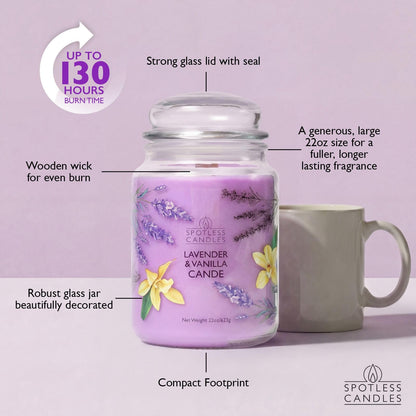 Spotless Leopard Vanilla & Lavender Candle 22oz Glass Jar with Wooden Wick in a Decorated Jar Within a Presentation Gift Box and Protective Shipping Box