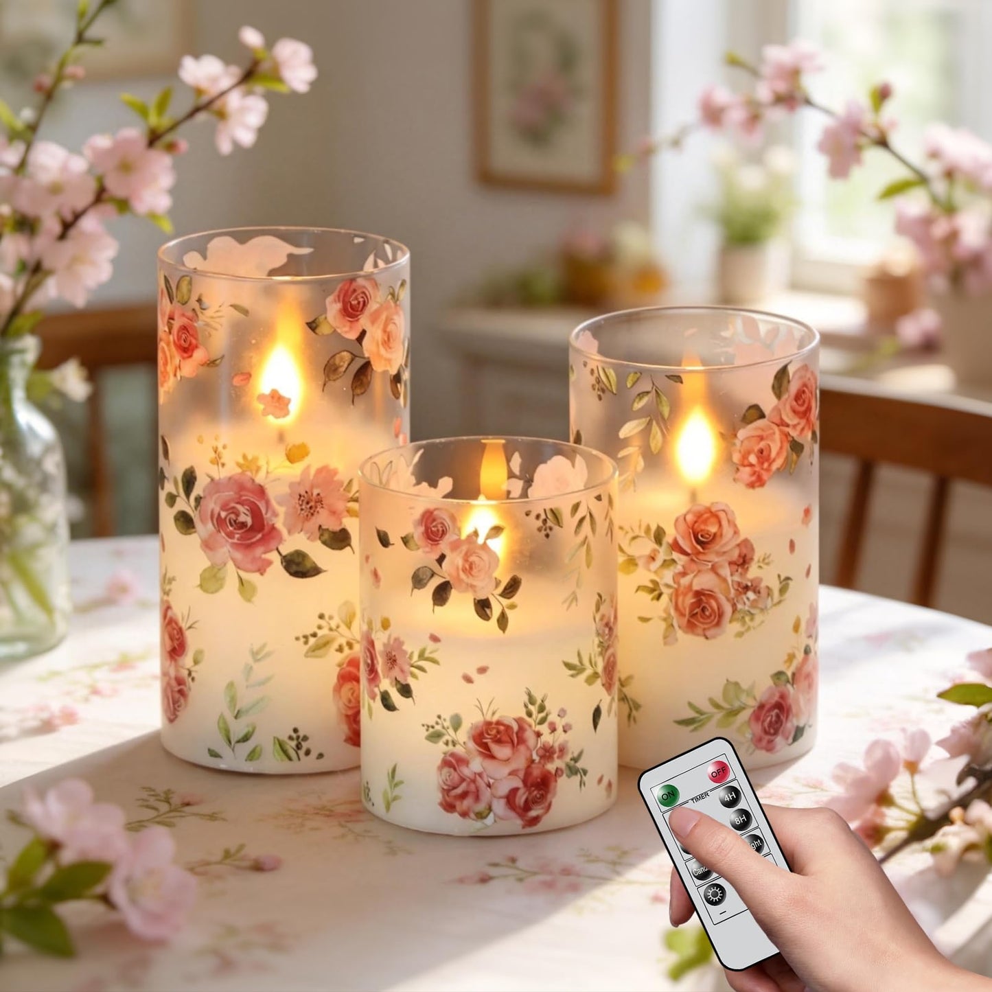 Wondise Glass Flameless Candles Remote Timer Pink Rose Battery Operated Flicker Pillar Candles for Wedding Centerpiece Spring Easter Farmhouse Home Decoration, Set of 3