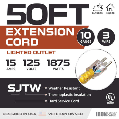 Iron Forge Cable 10 AWG Extension Cord 50 ft with Heavy Duty Extension Cord Reel Metal Stand, Holds Up to 100 ft of Extension Cord - 3 Prong Yellow with Lighted Ends SJTW