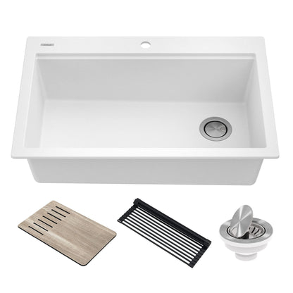 KRAUS Bellucci Workstation 33 in. Drop In Single Bowl Granite Kitchen Sink in White with Accessories, KGTW1-33WH