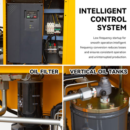 DAVV Rotary Screw Air Compressor, Variable Frequency Motor, 208-230V, 20HP/15KW Single/Three-phase Compatible, 81CFM/115PSI, Base Mounted Industrial Air Compressor System