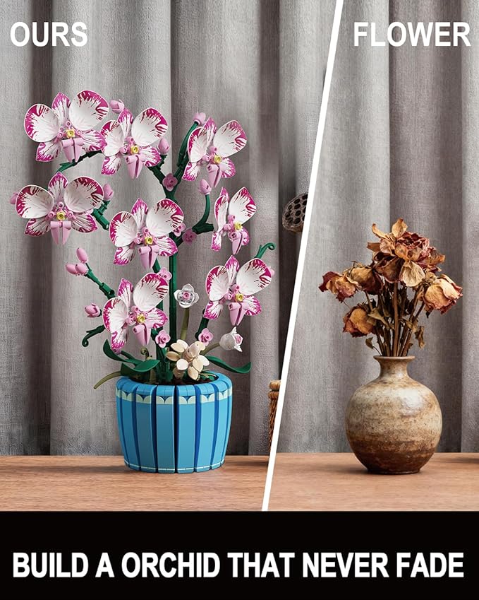 Flowers Botanicals Pink Orchid Building Set - Artificial Flower Building Blocks for Adult Women Indoor Plant Home Decor Bonsai Mother's Day Birthday Gift for Adults Kids Girls 8+ (779 PCS)