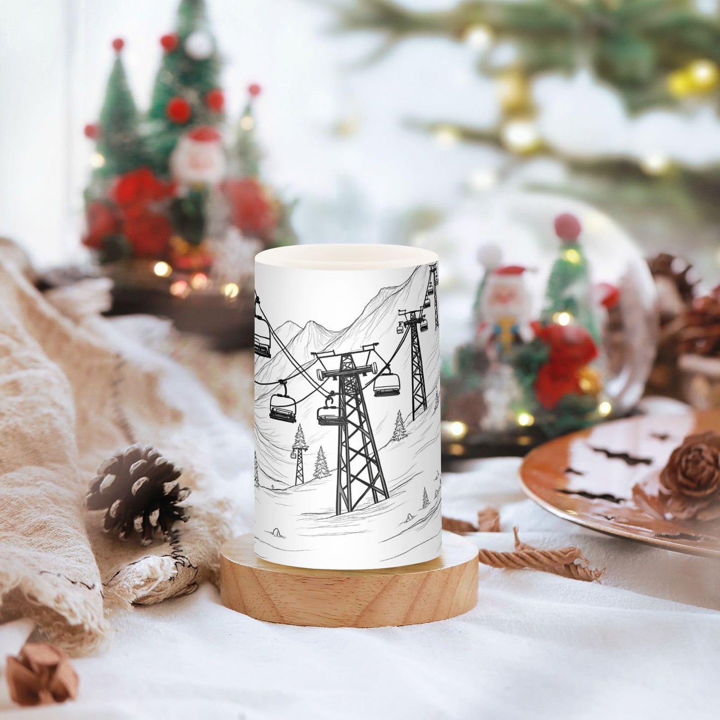 ALAZA Mountain Ski Lift Sketch Flickering Flameless Candles Battery Operated with Remote Timer,Tea Light Candles LED Pillar Votive Candles Set of 2 for Outdoor Indoor Decorations