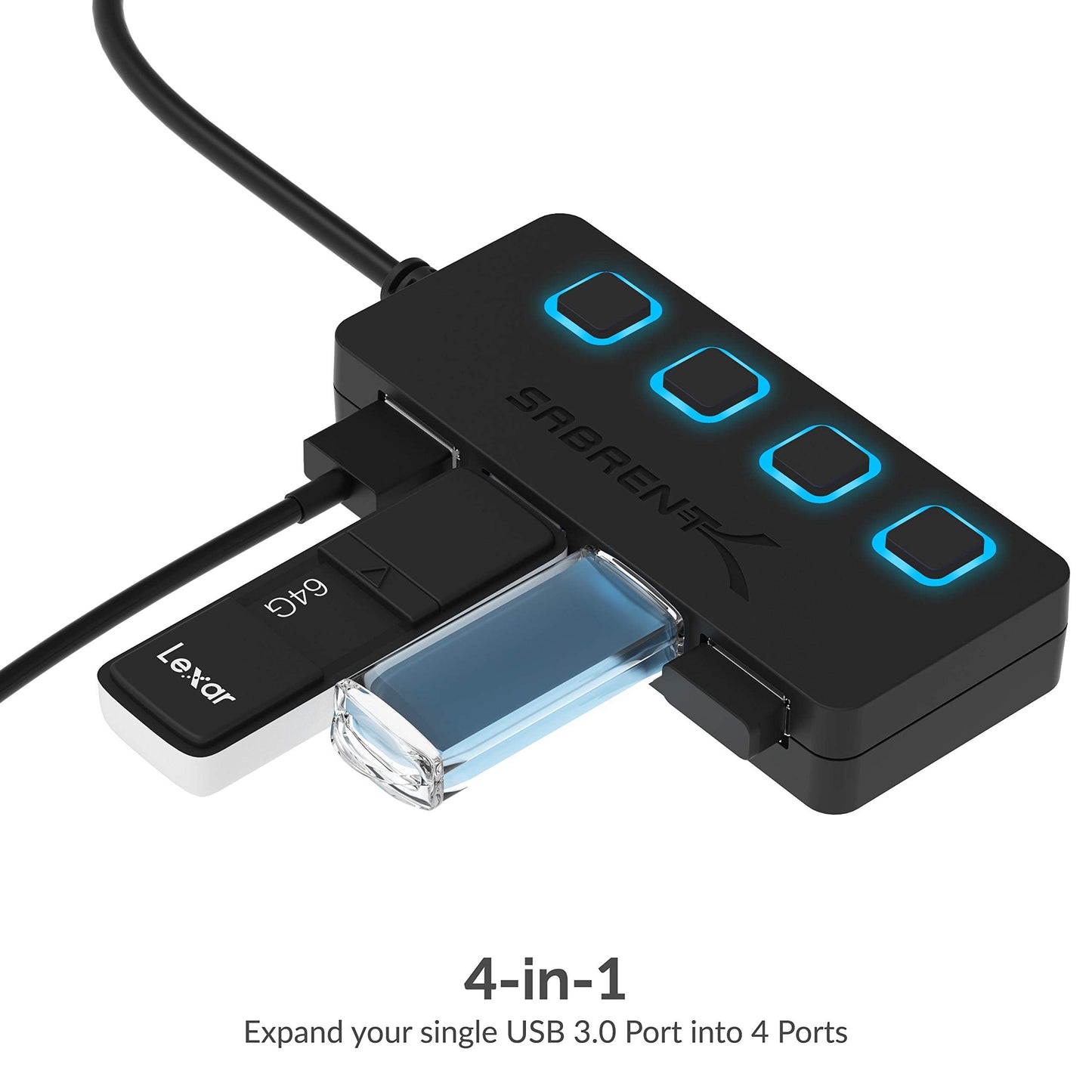 SABRENT 4-Port USB 3.0 Hub with Individual LED Power Switches - Slim, Portable Design - 2 Ft Cable - Fast Data Transfer - Compatible with Mac & PC (HB-UM43)