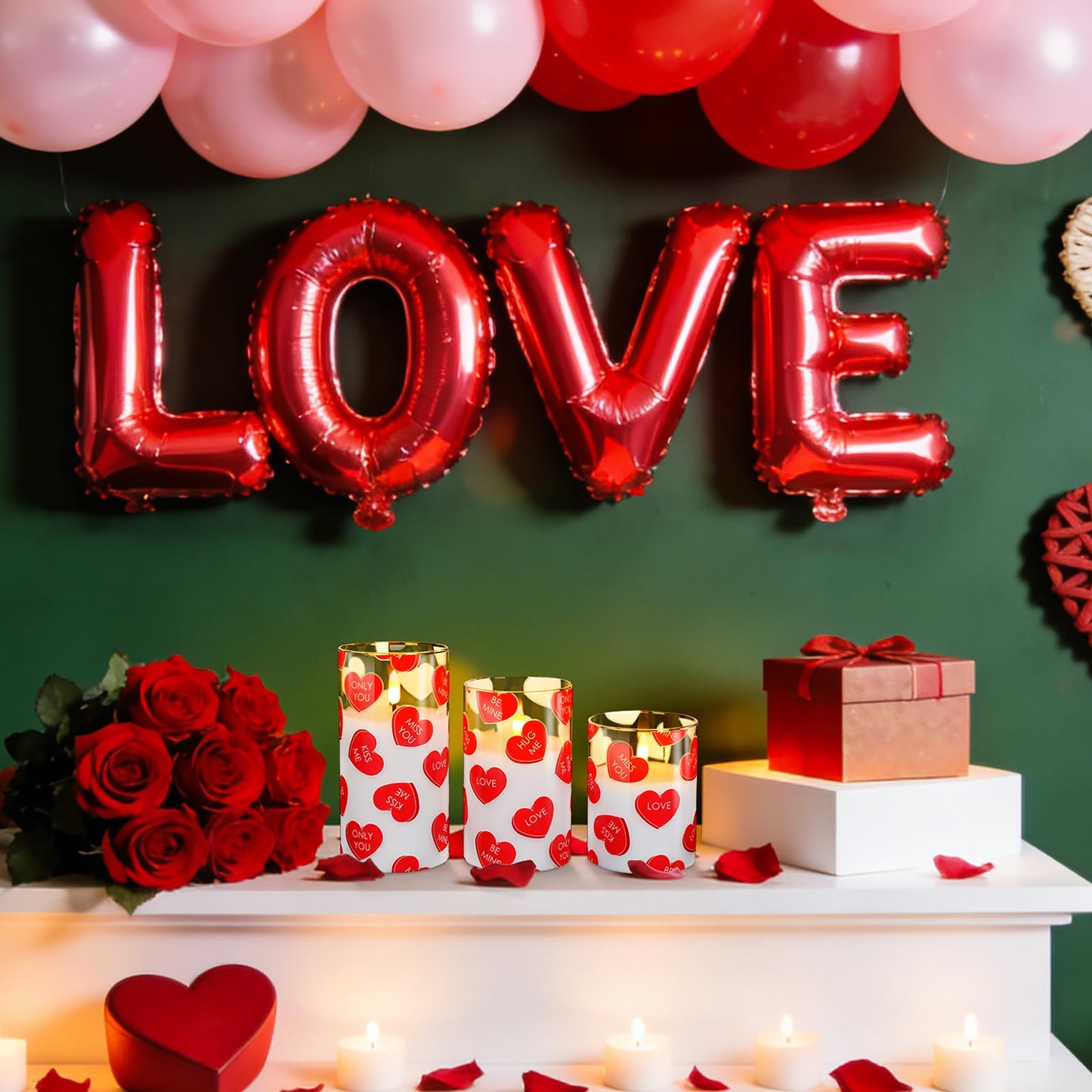 Lebaley 3PCS Valentine Flameless Candles with Remote,Valentine Candles,Love Heart Pillar Candle,Battery Operated LED Candles, Valentines Day Candles for Wedding Anniversary Romantic Night
