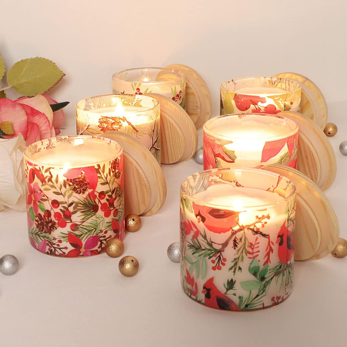 FLAVCHARM 6 Pack Christmas Scented Candles with Lid Soy Wax Strong Fragrance Different Scent Clean Burn Long Time Aromatherapy Glass Jar Candles for Home Scented Xmas Theme Decorations Gift Set