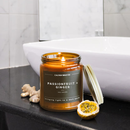 Calyan Wax Co. Passionfruit & Ginger Scented Candle - 57 Hour Burn - Luxury Clean Soy Wax Candles - Long Lasting Amber Glass Jar Candle for Home - 7.2oz