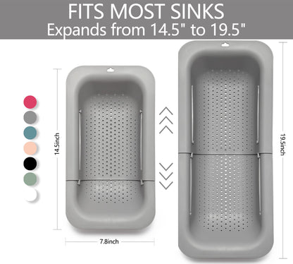 Adjustable Over the Sink Colander Strainer, Silicone Clip On Strainer for Pots Strainers and Plastic Colanders Drainer Basket for Food Pasta Vegetables Kitchen, Extendable 14.5"-19.5", Green