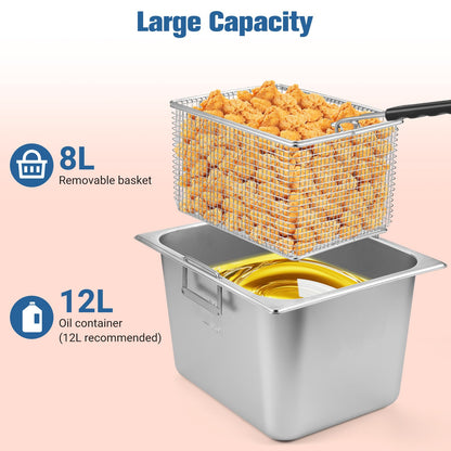 12L Commercial Deep Fryer,1800W Deep Fryer with Basket,Adjustable Temperature,Lid,Stainless Steel Body DeepFryer Pot,Electric Coumtertop Fryer for Commercial Restaurant Home Use