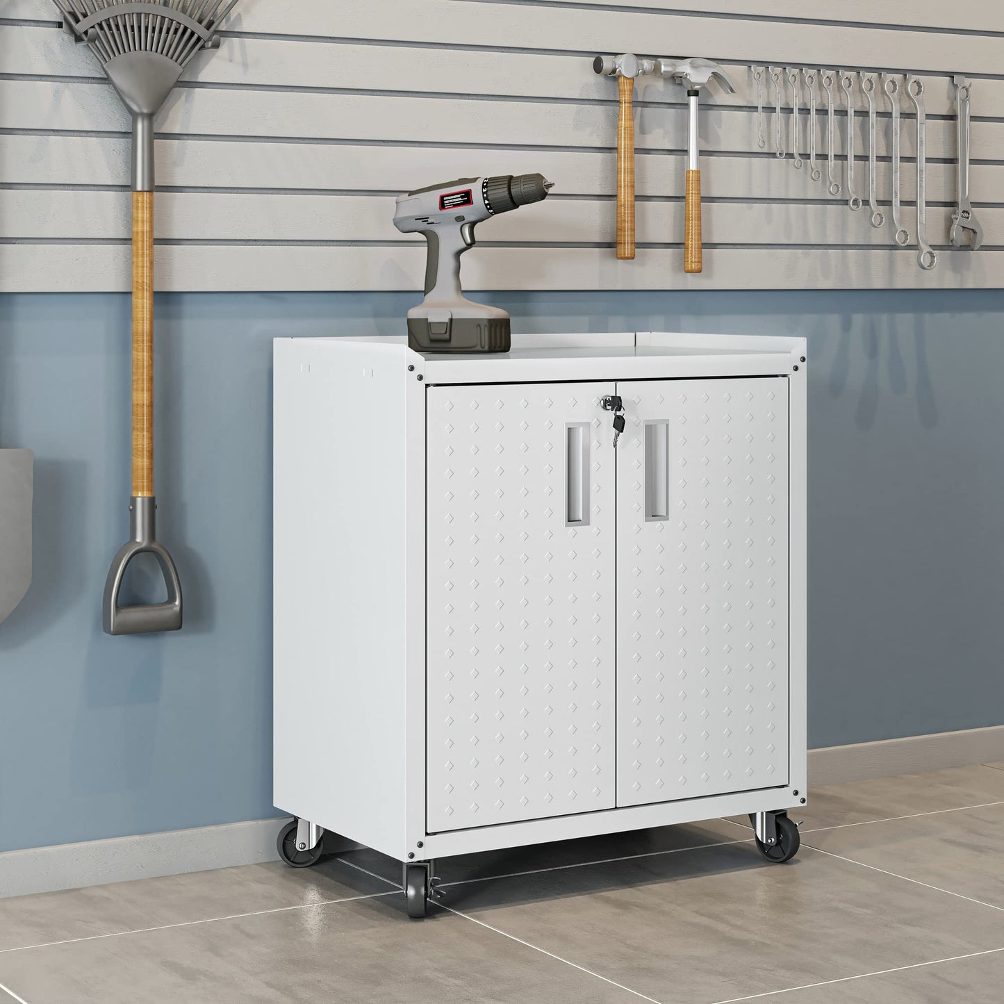 Manhattan Comfort Fortress Rolling Garage Storage Cabinet with 2 Adjustable Shelves, Lockable Metal Tool Compartment, Heavy-Duty Mobile Utility Organizer with Wheels, White