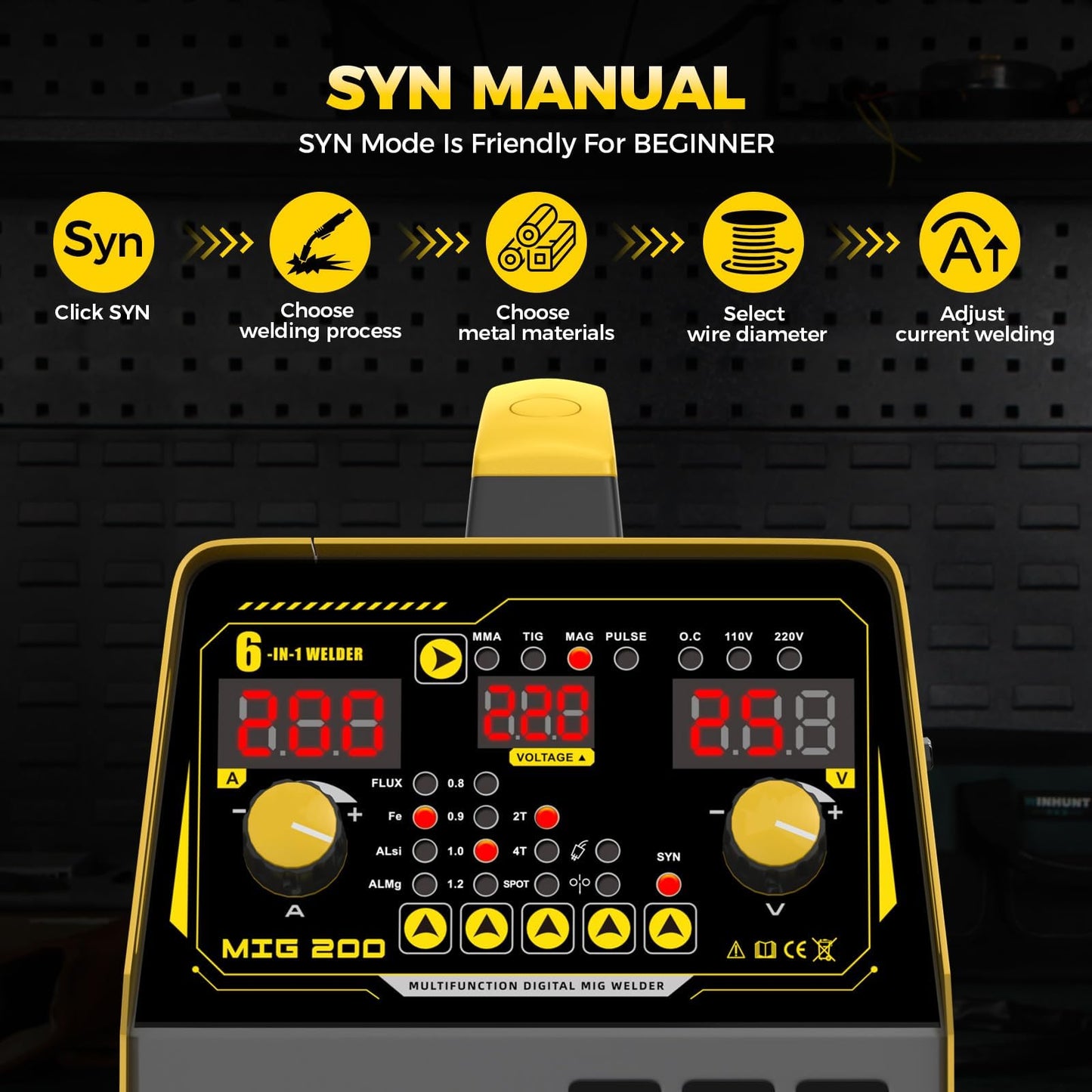 200A MIG Welder 110V/220V Dual Voltage 6 IN 1 MIG/Stick/Flux/Lift TIG Welder,Synergistic Control,LED Display,IGBT Portable Welding Machine for Steel Stainless Steel DIY & Fabrication