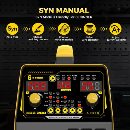 200A MIG Welder 110V/220V Dual Voltage 6 IN 1 MIG/Stick/Flux/Lift TIG Welder,Synergistic Control,LED Display,IGBT Portable Welding Machine for Steel Stainless Steel DIY & Fabrication