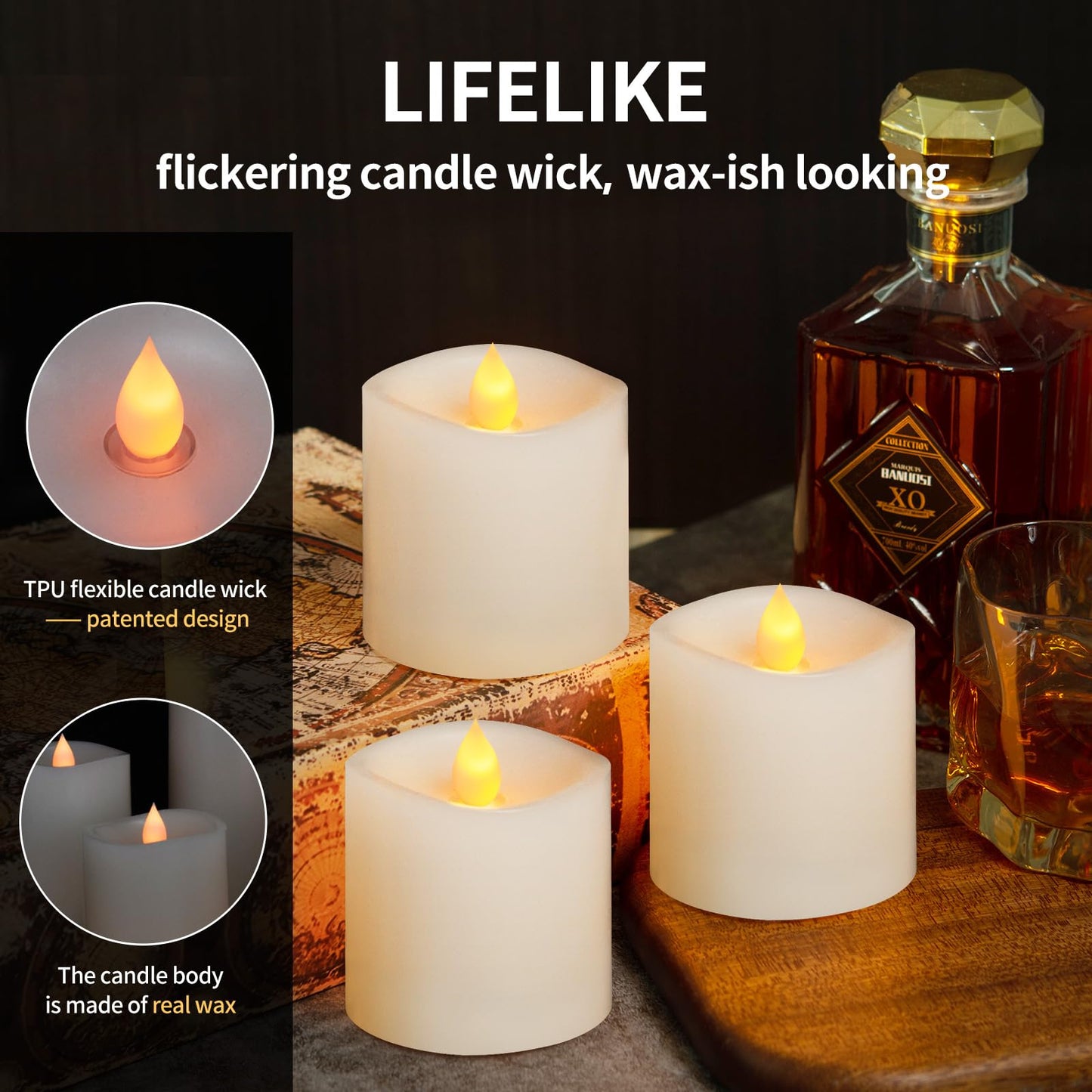 ASLDOIWEH 3x3 Flickering Flameless Candles Set of 3, 2AA Battery Life 600 Hours Battery Candles Flickering with Timer,3 inch Flameless Candles with Remote for Indoor/Outdoor, White