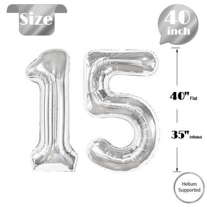 Silver Number 15 Balloon 40 inch, 15 Number Balloons, 15th Silver Birthday Decorations for Girls Boys Kids, 15 Year Old Silver Party Supplies
