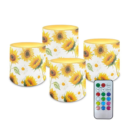 NETILGEN 3 inch Flickering Color Changing LED Candles Set of 4 Flameless Eletric Pillar Candles with Remote Timer Control Home Party Decor Yellow Sunflower Print