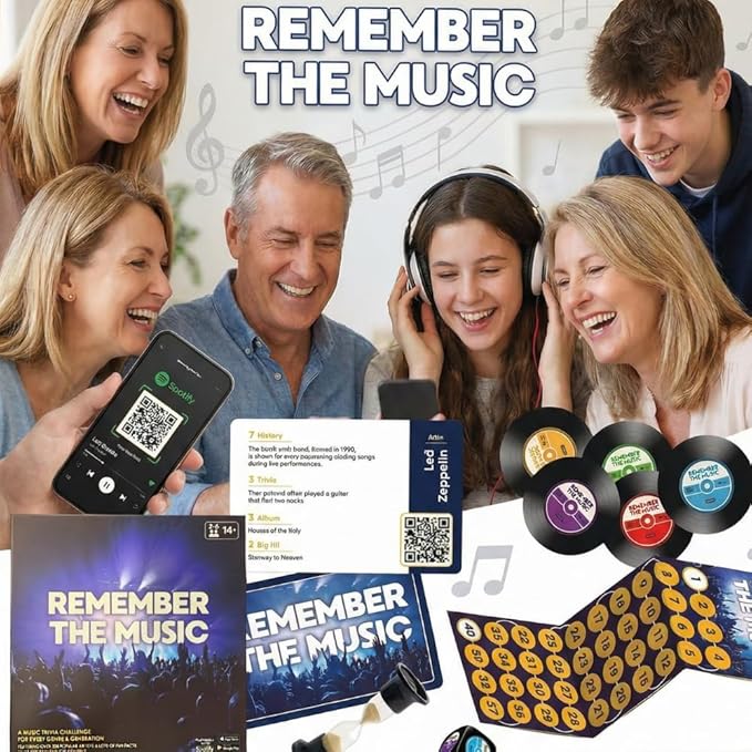 REMEMBER THE MUSIC - Music Trivia Party Board Game with 350 Artist &amp Song Cards Spotify QR Audio Clues for Adults &amp Family 2-6 Players