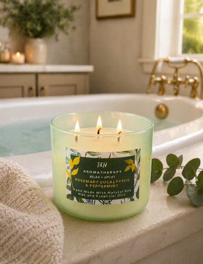 Rosemary Eucalyptus Peppermint 3 Wick Candle for Home Scented | 15.8 oz Large Soy Candle | Spa Aromatherapy Candles for Home Stress Relief | Clean Burn | Gift for Women & Men