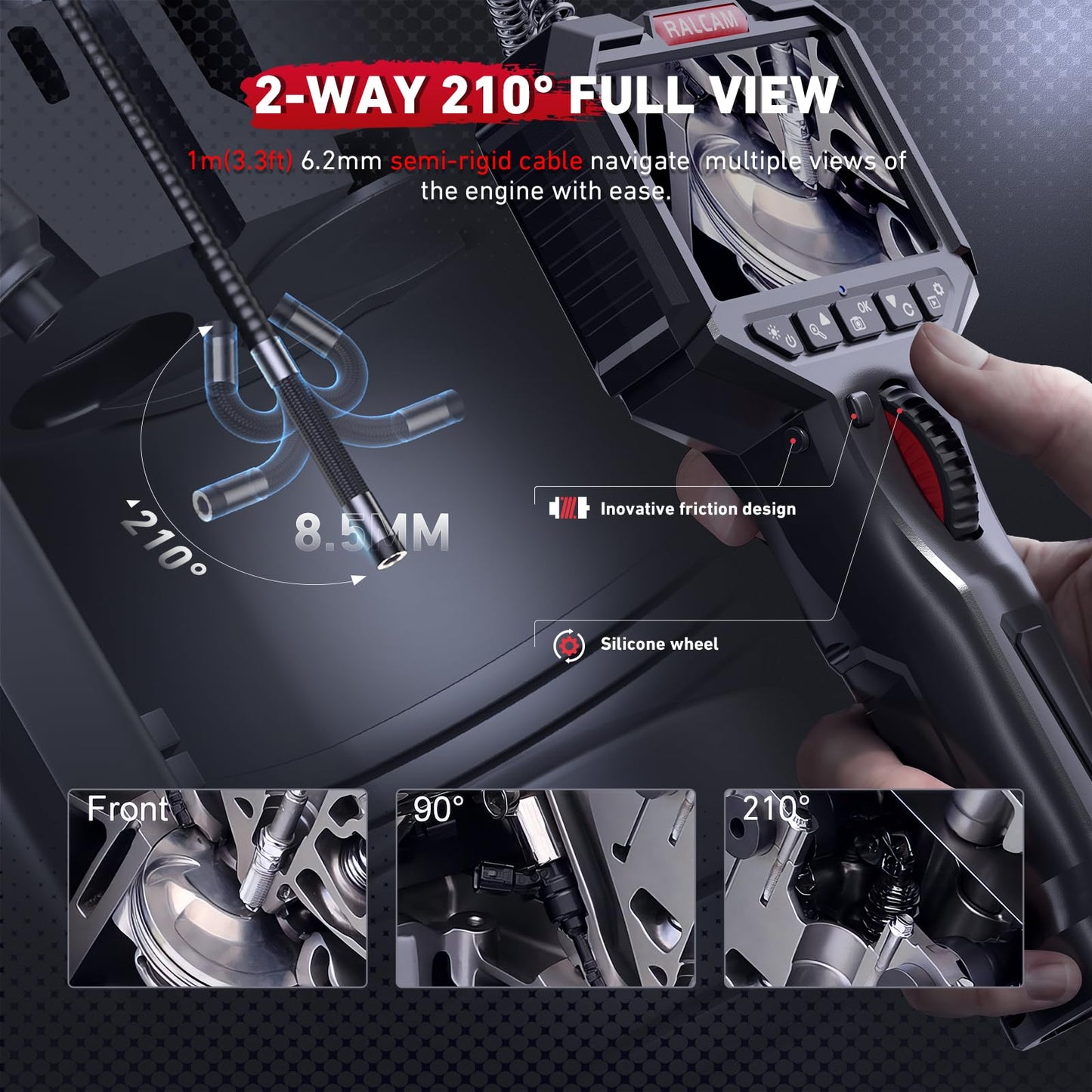 Ralcam Two-Way Articulating Borescope, Endoscope Camera with Light 0.24in/6.2mm Articulated Inspection Camera, 3.3 FT Semi-Rigid HD Video Snake Scope for Automotive Aircraft Mechanics