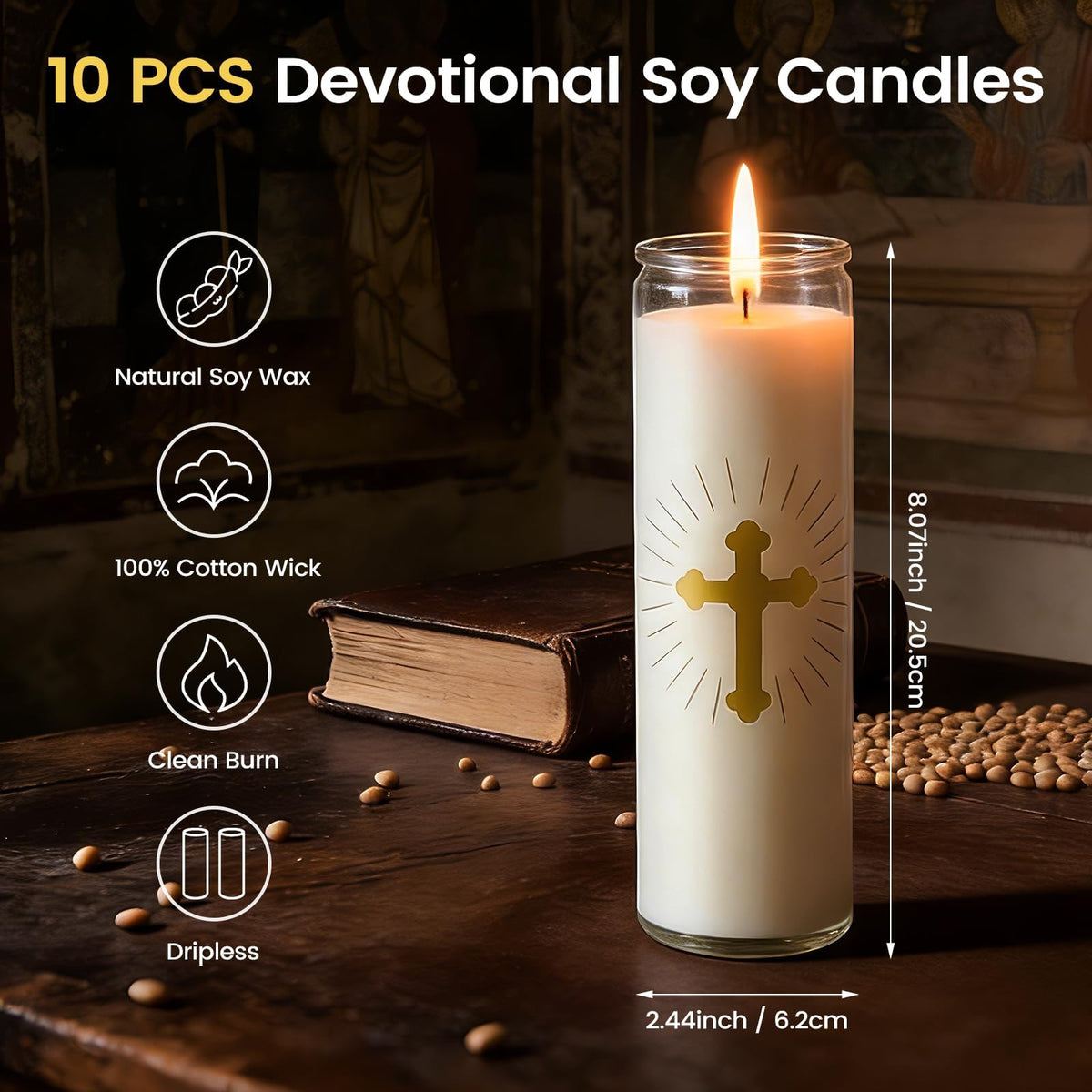 ARQRHTLY 10 Pcs Natural Soy Wax Prayer Candles 7 Day Devotional Candle in Glass 100 Hours Long Burn Time Religious Catholic Christian Spiritual Decor for Memorials Vigil Church Home Altar Bless Novena
