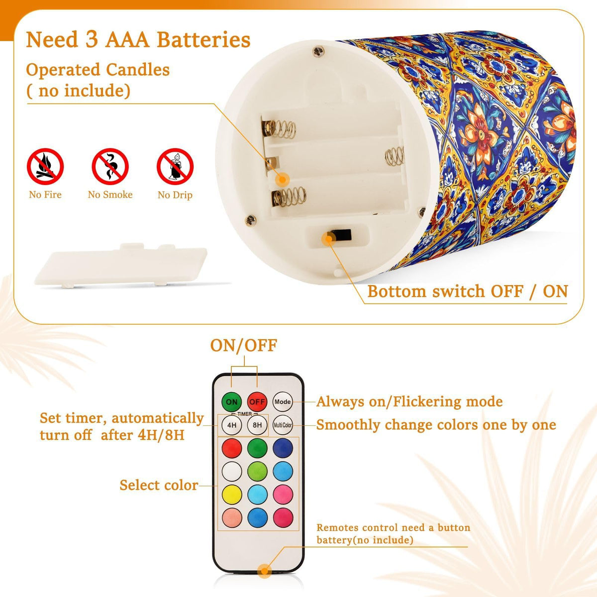 Flameless Candles Battery Operated Vintage Mexican Talavera Ceramic Tiles Flickering Led Pillar Candles With Remote Control Ethnic Flowers Pottery Colour Changing Warm Light Candles For Wedding Hall