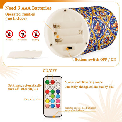 Flameless Candles Battery Operated Vintage Mexican Talavera Ceramic Tiles Flickering Led Pillar Candles With Remote Control Ethnic Flowers Pottery Colour Changing Warm Light Candles For Wedding Hall