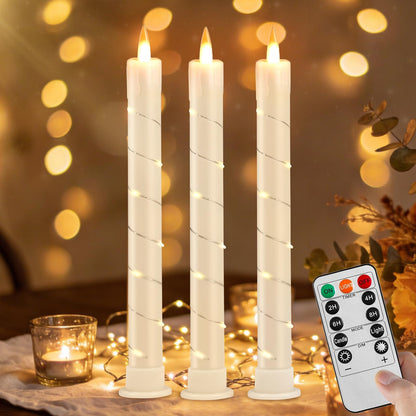 Rlojru 3pcs Flameless Taper Candle with Remote, Battery Powered, Timer, 3 Ivory ABS Candlesticks, 11 Mini Surround String Lights, 9.4 Inch LED Candles for Wedding, Birthday Party, Prom, Home Decor