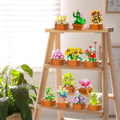 12 Pack Flowers Succulents Mini Building Set - 1403PCS Flower Botanical Collection for Home Office Décor 3.6MM Plant Blocks Toy Easter Birthday Gifts for Adults Women Kids Girls10+