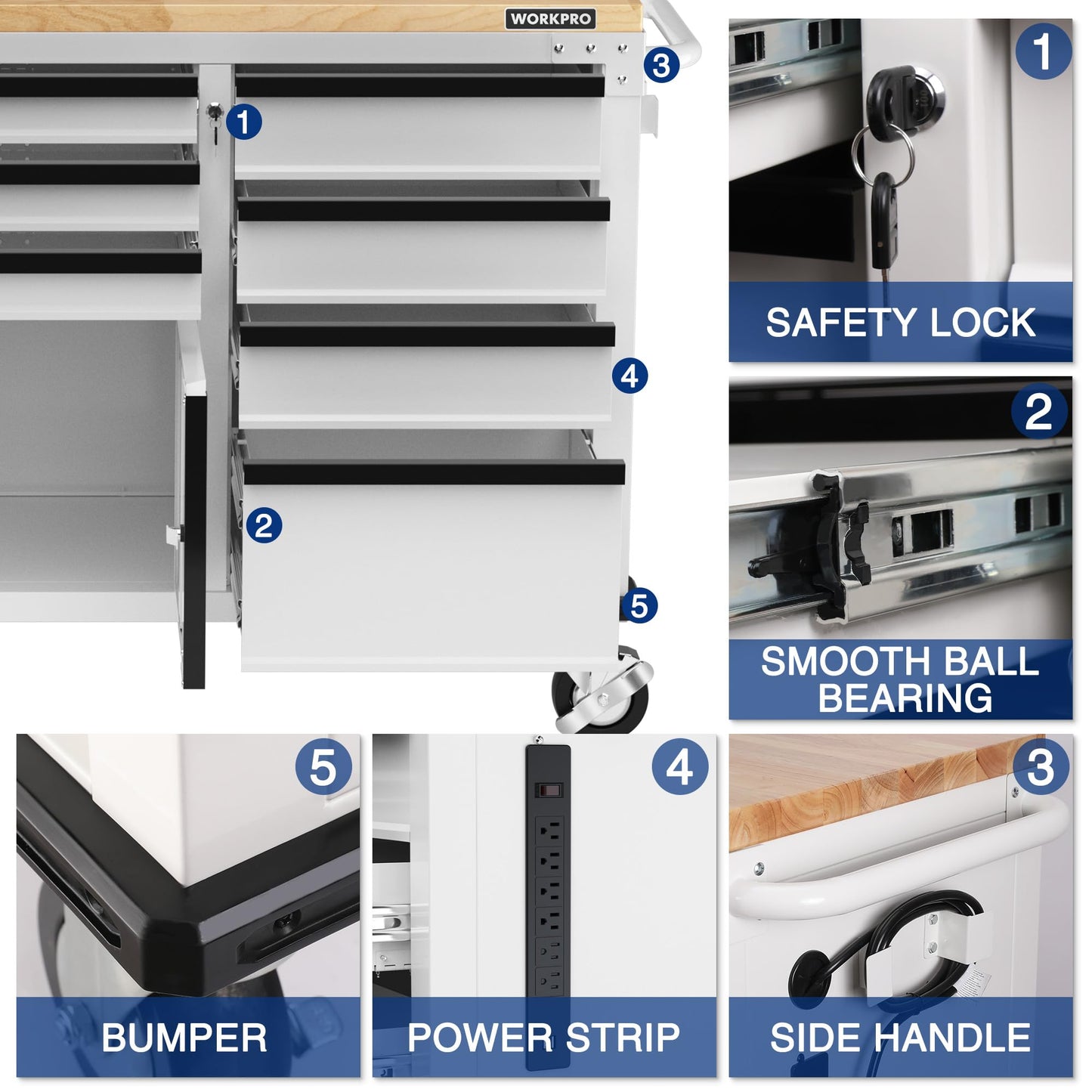 WORKPRO 62" Rolling Tool Chest, Heavy Duty Mobile Tool Storage Cabinet with 7-Drawer & 2-Door, Power Strip, Locking System, 1000 LBS Capacity Rolling Cabinet for Garage, Kitchen & Warehouse