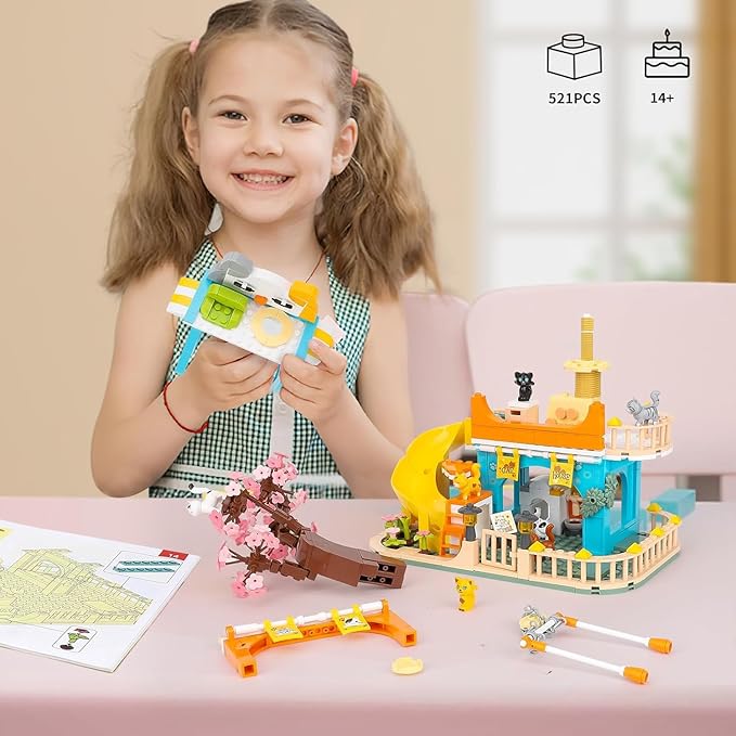 QLT QIAOLETONG Cute Cat House Toy Building Set for Adult Compatible with Lego Friend 521 PCS Friendship House Building Blocks Kit with Animals Ideas Birthday Gift for Teen Boys