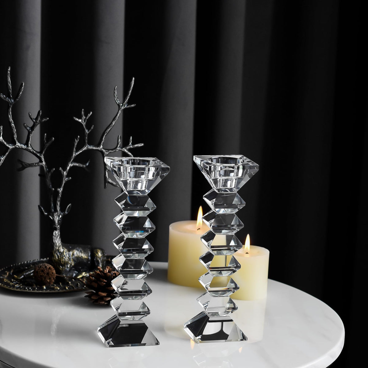 DONOUCLS Crystal Candlestick Holders 2 Pack, Clear Crystal Taper or Tealight Candles Holder, Table Centerpieces for Party Wedding Decoration(8.3in Tall)