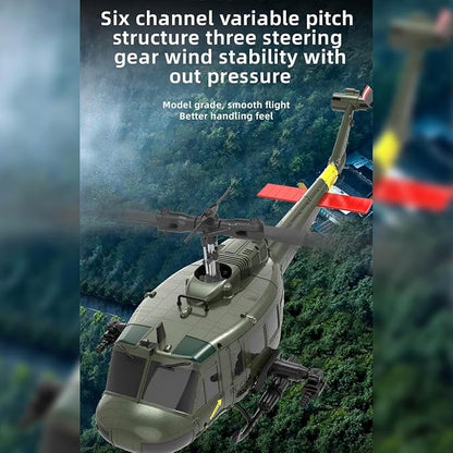 C032 UH-1 Huey RC Helicopter for Adults - 1/48 Scale 2.4G 6CH Flybarless Remote Control Helicopter Model 3D Stunt Flight &amp High-Precision RC Airplane (Green (3 Batteries))