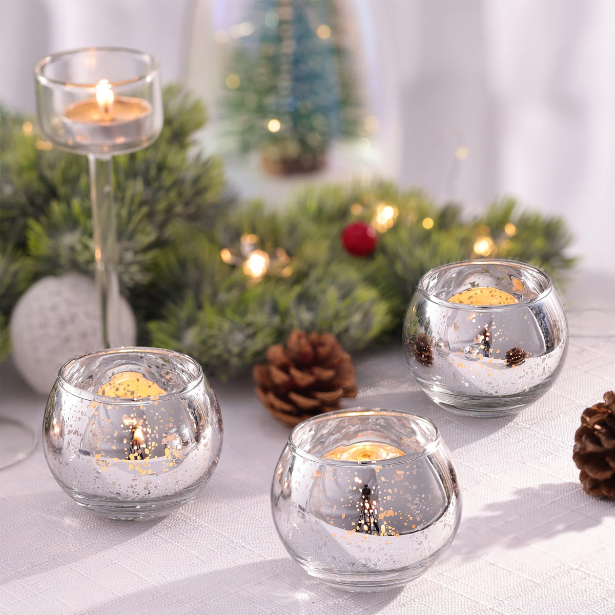 Volens Round Silver Votive Candle Holders, Mercury Glass Tealight Candle Holder Set of 12