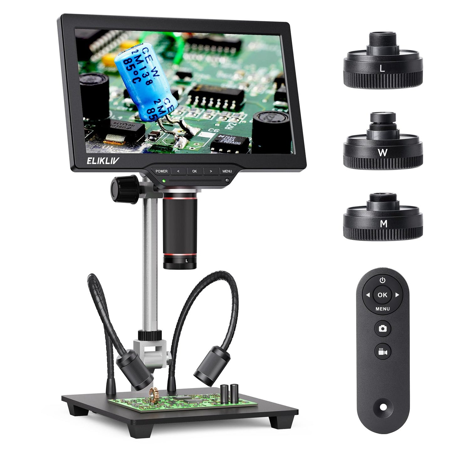 Elikliv 4K 3-Lens Digital Microscope: TL301-Magnetic Coin Microscope Magnifier Full Coin View, Soldering Microscopes for Adults with 7" IPS Screen, Side Lights, 10" Stand, PC/TV Compatible, 16GB
