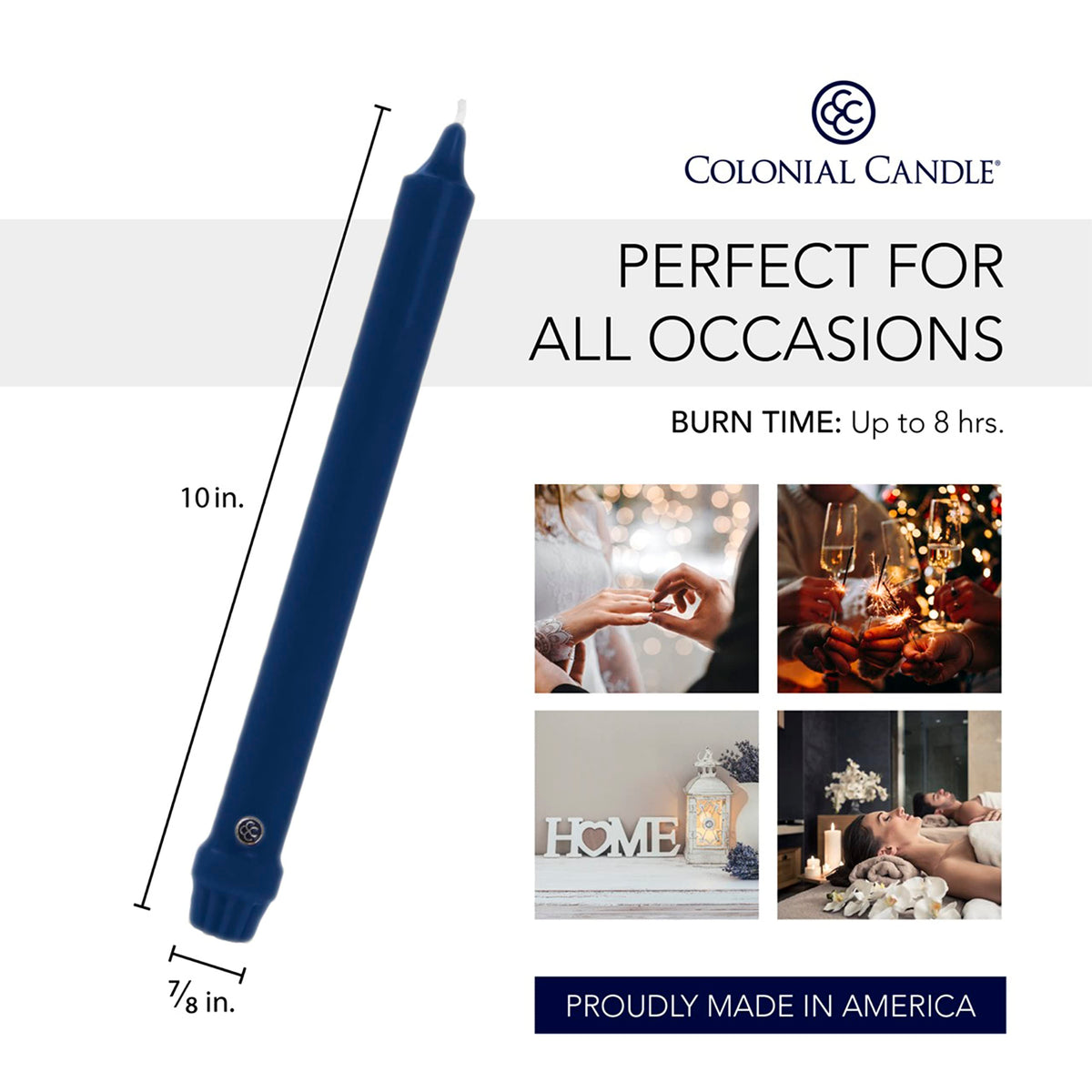 Colonial Candle Unscented Taper Candle, Classic Collection, Indigo, 10 In, Pack of 12 - Up to 8 Hours Burn