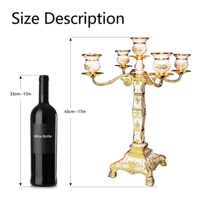 RosyLine Metal Candelabra 17" Height, Candle Holder with 5 Arms,Antique Bronze Furnish Candle Holder, Centerpiece for Home Decro,Wedding Event, Party,1 Pack (Golden)