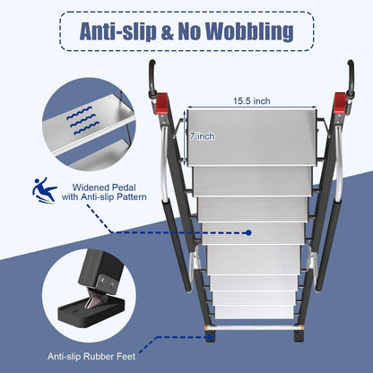 Foldable Aluminum Loft Stairs Ladder 8.5ft / 9ft / 9.5ft / 10.5ft / 11.5ft, Heavy Duty Bunk Bed ladders with Handrails ＆ Hooks, 10 Step Attic Ladder for Small Opening, Load 330 lbs