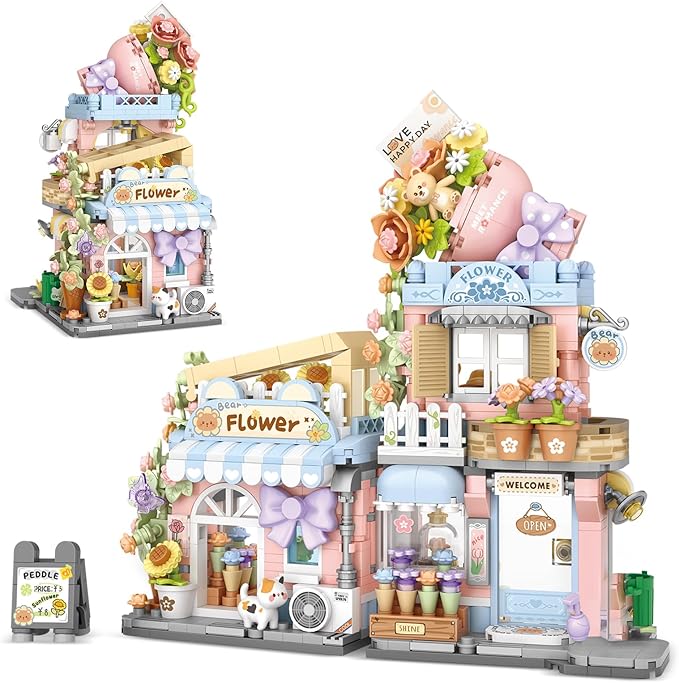 Street View Flower House Shop Mini Building Blocks MOC Creative Building Toys Cute Panda Building Set for Girls 6-12 Simulation Architecture Construction Toy Gift Idea for Kids Adults (854 PCS)