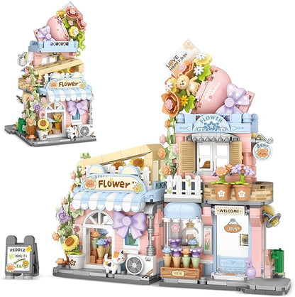 Street View Flower House Shop Mini Building Blocks MOC Creative Building Toys Cute Panda Building Set for Girls 6-12 Simulation Architecture Construction Toy Gift Idea for Kids Adults (854 PCS)