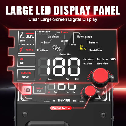 AWT TIG Welder 180Amp with DC Pulse,Cold TIG Welder with Large LED Display 5-in-1 DC HF TIG/PULSE TIG/COLD/SPOT TIG/STICK,110V/220V Dual Voltage Cold TIG Welding Machine