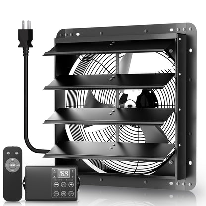 Xcity 12" Shutter Exhaust Fan with 6 ft Power Cord, AC Motor Attic Fan, Smart Speed Remote Control (32.8ft Range), Auto Temp Timer, Vent Fan for Home, Garage, Commercial，Window Ventilation