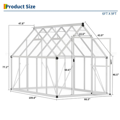 6 x 9 ft Greenhouse, Polycarbonate Walk-in Greenhouse with Aluminum Frame, Adjustable Roof Vent and Lockable Door, Easy Assembly, Green Houses for Outside, Garden, Backyard and Patio