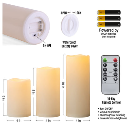 Yongmao 6" 8" 10" x 4" Waterproof Outdoor Flameless Candles Battery Operated LED Flickering Pillar Candles with Remote and Timer for Indoor Outdoor Lanterns, Long Lasting, Ivory White Large, Set of 3